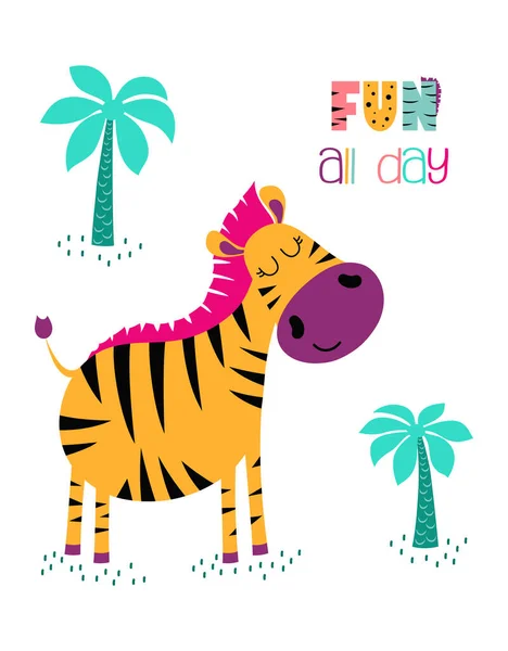 Vektor Barnslig Illustration Med Afrikanska Djur Vit Bakgrund Söt Zebra — Stock vektor