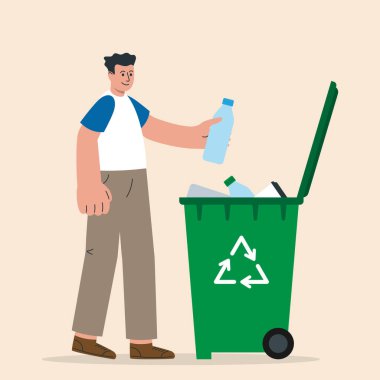 Adam çöp kutusuna plastik bir şişe atıyor. Çevreyi koruma ve çöpleri ayıklama. Vektör illüstrasyonu.