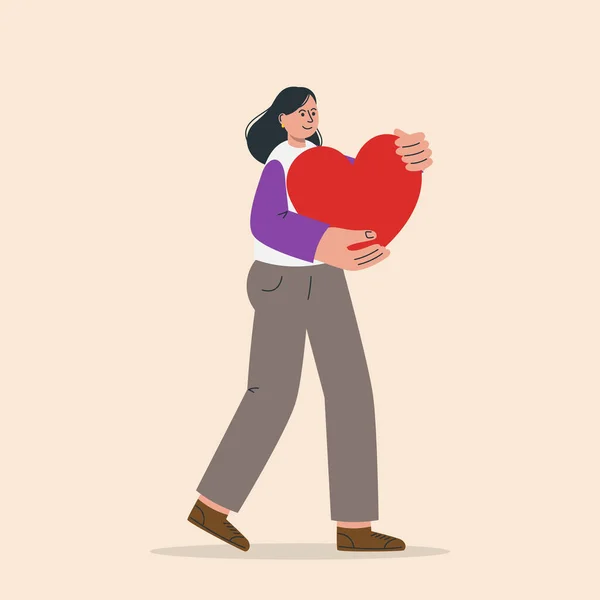 愛の象徴として大きな赤いハートを手に持つ女性 連帯と思いやりの概念 ベクターイラスト — ストックベクタ