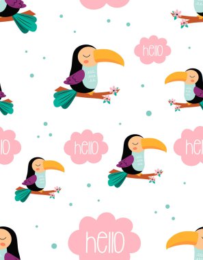 Dalında şirin bir tukan olan kusursuz çocuksu desen, İskandinav tarzı çocuk dokusu kumaş, sarma, tekstil, duvar kağıdı, giysi, vektör düz çizim