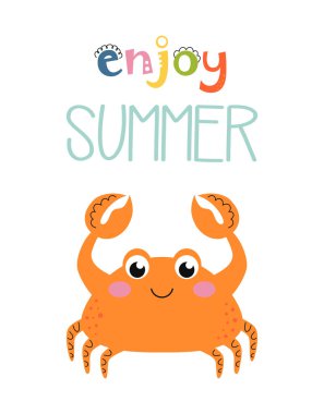 Turuncu şirin yengeçli vektör hayvan çizimi, kart, poster, duvar kağıdı, çıkartma, tekstil, kumaş, çizgi film tarzı, basit tasarım, çocuklar için mükemmel bir karakter.