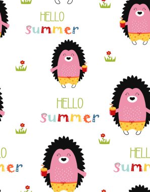 Yüzme şortu içinde yüzen şirin kirpilerin kusursuz deseni, çocukların arka planı, kumaş, ambalaj, tekstil, dekor, vektör çizimi için çocuksu tasarım dokusu.