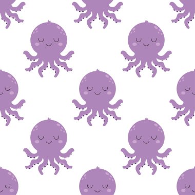 Sevimli ahtapot deseni, beyaz arka planda izole edilmiş su altı hayvanları, İskandinav tarzı, vektör illüstrasyonu