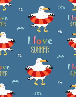 Şirin martıları ve can simidi olan kusursuz desenler. Kumaş, bebek kıyafetleri, tekstil, deniz vektör geçmişi için mükemmel.