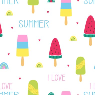 Karikatür tarzında dondurmayla renksiz yaz deseni beyaz, düz dizaynlı çocuklar.