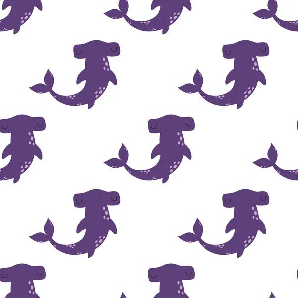 紫の色でかわいい水中動物に隔離された漫画のハンマーサメとシームレスなパターン ファブリックデザイン テキスタイルプリント 子供のベクトルイラストのための装飾的な背景 — ストックベクタ
