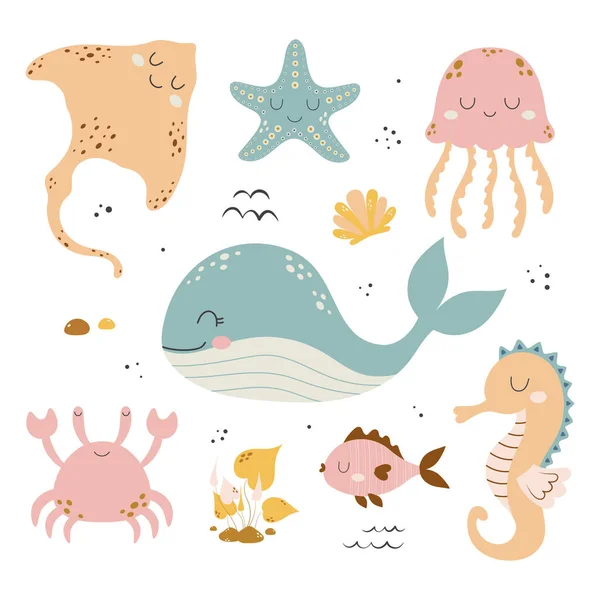 Cute Baby Sea Fishes Crab Whale Stingray Algae Vector Cartoon — Stock Vector