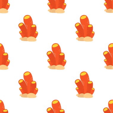 Tekstil, baskı, duvar kâğıdı, düz tasarım için beyaz arka planda karikatür şeklinde mercan yosunlu deniz dipsiz deseni.