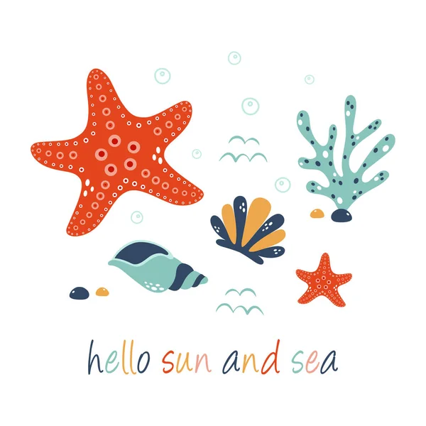 Summer Print Cute Starfish Shells Coral Lettering Hello Sun Sea — Stock Vector