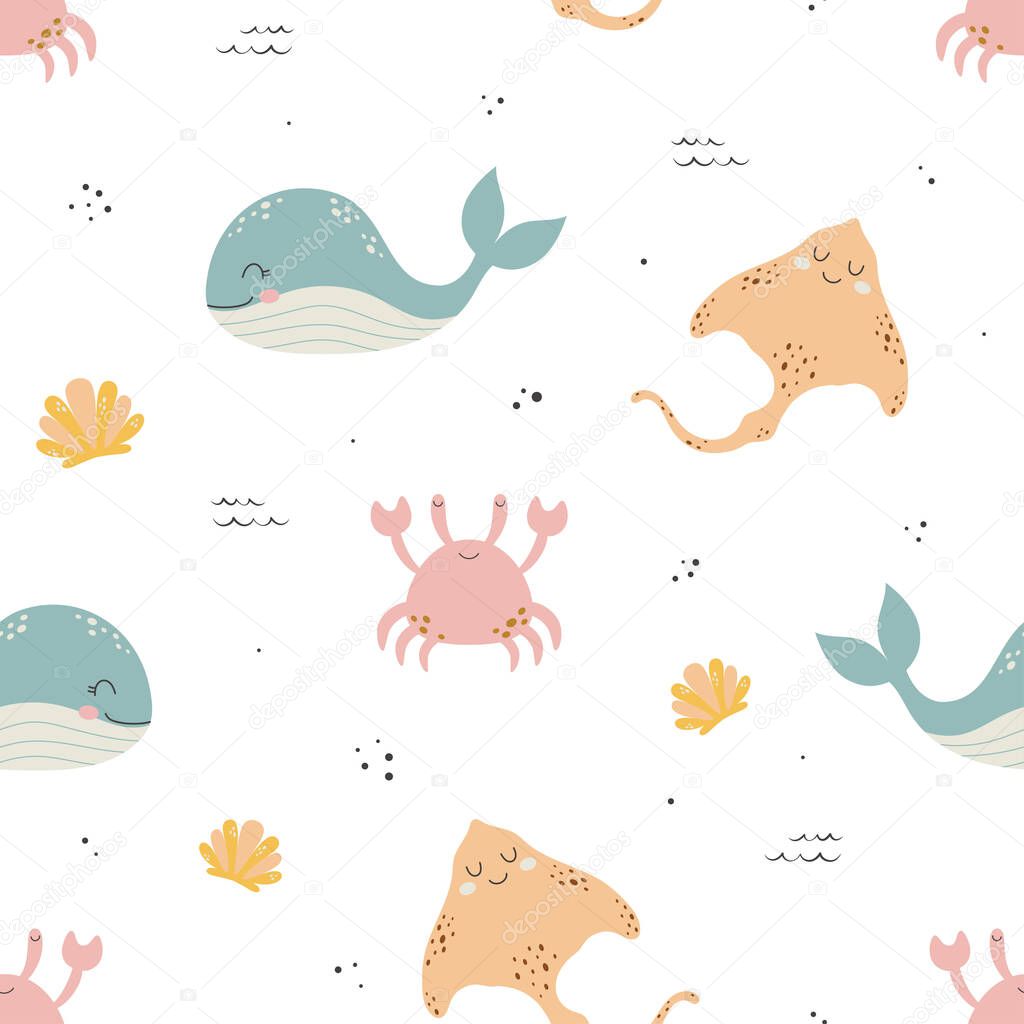 seamless pattern with cute undersea inhabitants, creative childish background with whale, stingray and crab, perfect for kids apparel, fabric, textile, nursery decoration, wrapping paper, vector illustration
