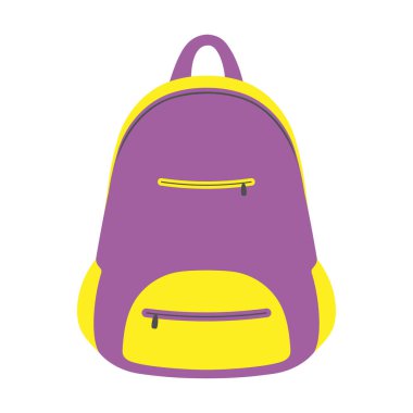 Beyaz arkaplanda sarı cepli menekşe okul sırt çantası, çizgi film tarzında vektör illüstrasyonu