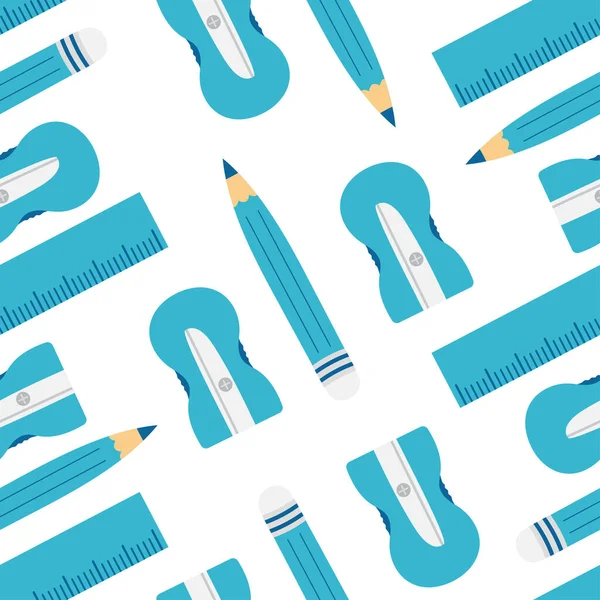 Pencil Sharpener Ruler Seamless Pattern Blue Color Back School Theme — Stok Vektör