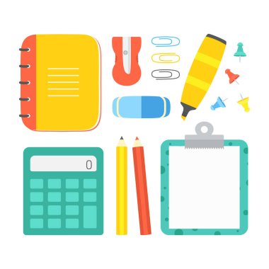 stationery set in flat style, back to school concept with notebook, pencils, marker, calculator and clipboard with empty paper list, flat style