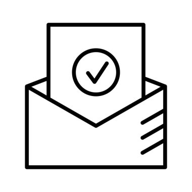 Belge ile zarf ve işaret simgesi işaretle. Doğrulanmış belgelerle birlikte zarf. Vektör illüstrasyonu beyaz arkaplanda izole edildi.