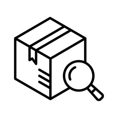 Büyüteç ikonlu bir kutu. Teslimat ve lojistik. Paket izleme işareti. Büyütecin altında karton kutu var. Vektör illüstrasyonu.