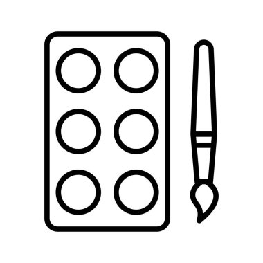 Boya fırçası ve suluboya palet simgesi. Resim aletleri. Vektör illüstrasyonu beyaz arkaplanda izole edildi.