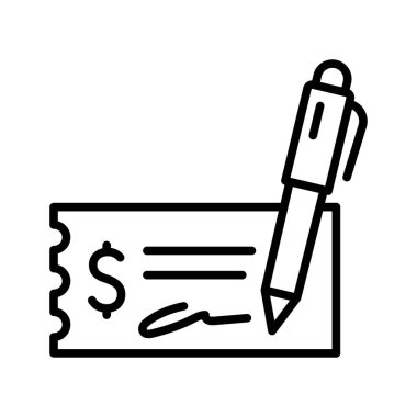 Para çek simgesi. Çek. Beyaz arkaplanda izole edilmiş doğrusal resim. Vektör illüstrasyonu.