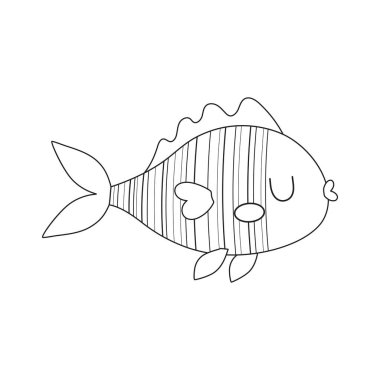 Beyaz, deniz yaşamı üzerine izole edilmiş tek bir deniz ya da nehir balığının vektör çizimi, güzel yüzgeçli siyah çizgili balık karalama stili.