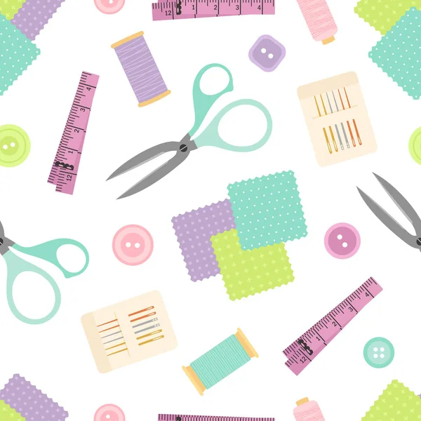 Seamless Pattern Supplies Tools Sewing Vector Illustration Cissors Thread Needles — Διανυσματικό Αρχείο