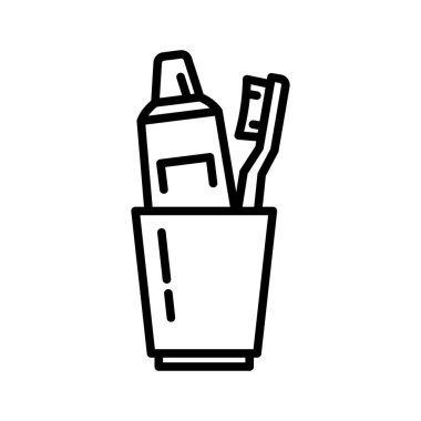 Cam içinde diş macunu ve diş fırçası. Diş fırçası ve diş macunu ile dişlerini temizle. Ağız temizliği. Vektör illüstrasyonu beyaz arkaplanda izole edildi.