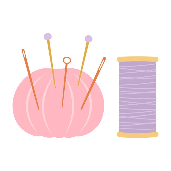 Nähgarnitur Aus Fadenspulen Und Kissen Mit Nadeln Und Nadeln Isoliert — Stockvektor