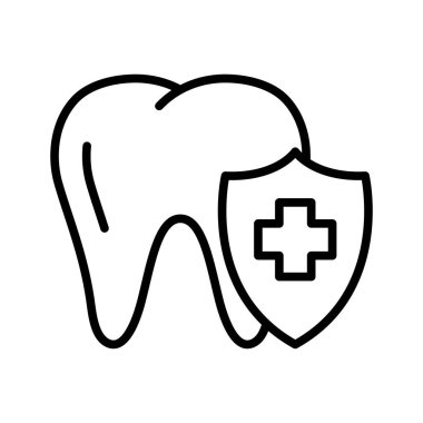 Diş ve kalkan ikonu. Diş sigortası, diş bakımı konseptleri. Beyaz arkaplanda piktogram izole edildi.