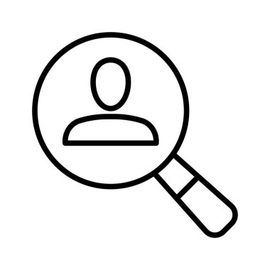 Kullanıcı arama simgesi. Analiz ve arama. Ortasında avatar olan büyüteç. Beyaz arkaplanda piktogram izole edildi.