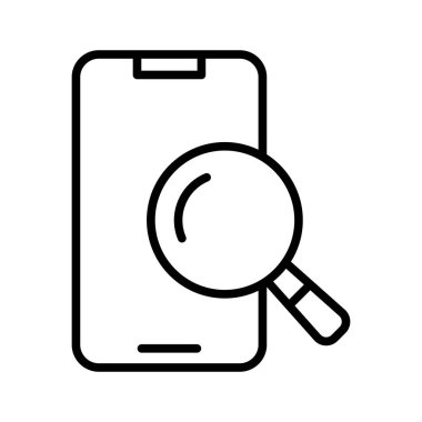 Büyüteç ikonlu akıllı telefon. Cep telefonu araması. Beyaz arkaplanda piktogram izole edildi.