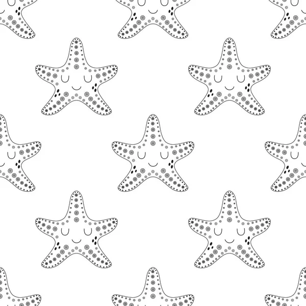 シルエットのヒトデのシームレスなパターン白い背景の漫画のベクトル図輪郭の繰り返し海洋シンボル — ストックベクタ