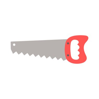 Beyaz arkaplanda kırmızı saplı demir testeresinin vektör çizimi, düz çizgi film tarzında el testeresi vektör simgesi, inşaat aracı, metal ve ağaç kesmek için testere