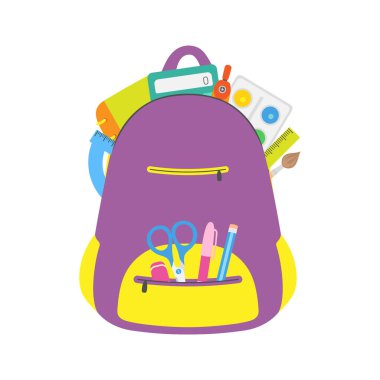 Beyaz arkaplanda izole edilmiş kırtasiye malzemesi olan okul çantası, kalem, kalem, hesap makinesi, makas ve düz stil defterli okul çantasının vektör çizimi
