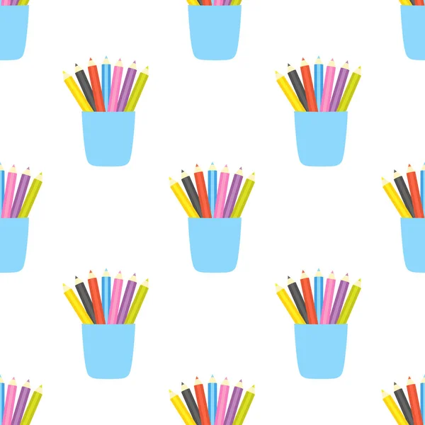 Seamless Pattern Cup Colored Pencils Vector Illustration Stationery Flat Style —  Vetores de Stock