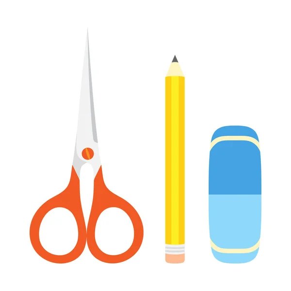 Cartoon Stationery Set Pencil Eraser Scissor Isolated White Background Flat — Stockový vektor