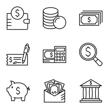 Set of money and payment methods icons. Pictogram isolated on a white background. Vector illustration.