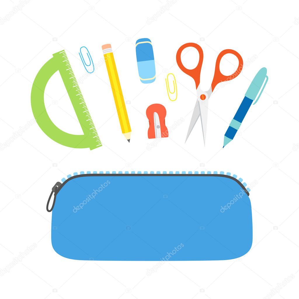 vector illustration of pencil case with stationery, back to school, supplies and writing materials in flat style, box with colored pencil, pen, sharpener, ruler, scissors, paper clip and eraser
