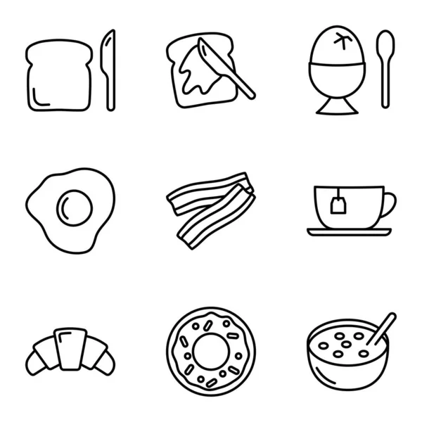 Breakfast Icons Set Various Tasty Food Drinks Pictogram Isolated White — Vettoriale Stock