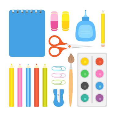 set of stationery tools for office or school in flat style, vector illustration of pencils, notepad, highlighters, glue, scissors, paint and others supplies isolated on white background