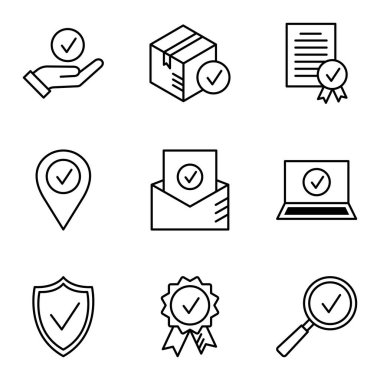 Quality control icons. Approved, check mark symbols, check mark, certification, approval concepts. Pictogram isolated on a white background. Vector illustration.