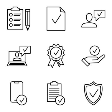 Quality control icons. Approved, check mark symbols, check mark, certification, approval concepts. Pictogram isolated on a white background. Vector illustration.
