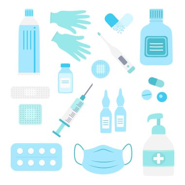 set of medical tools and medicines isolated on white background, pills in blisters, syringe, thermometer, ointment, gloves, mask, antiseptic and plaster, flat cartoon vector illustration