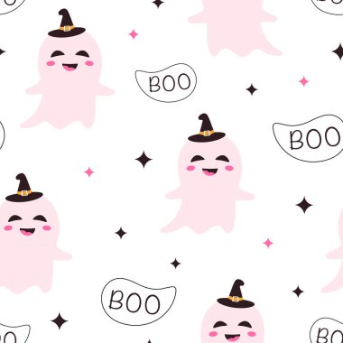 cute ghosts in wich hat on white background, vector seamless pattern, color illustration for halloween