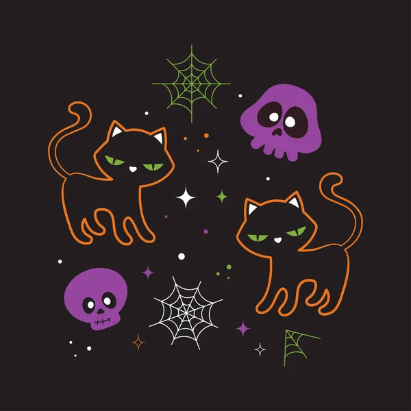 Nadruk Halloween Cute Czarne Koty Fioletowe Czaszki Wektor Ilustracja Magicznych — Wektor stockowy