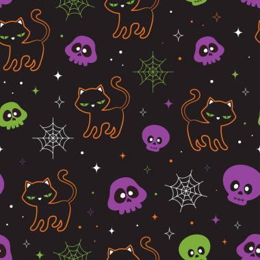 halloween seamless pattern with colored skulls and black cat, background scary or festive elements, flat design