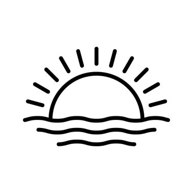 Güneş ve dalga ikonu. Gün doğumu. Piktogram beyaz arka planda izole edildi. Vektör illüstrasyonu.