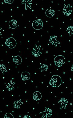 Cadılar Bayramı, vudu bebeğiyle kusursuz desen, kafatası. Sonsuz özgeçmiş. Dekor elementleri. Renkli kumaş. tekstil, duvar kağıdı vektörü illüstrasyonu