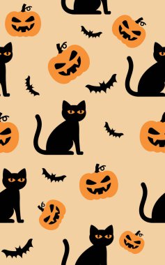 Cadılar Bayramı, kediler ve balkabaklarıyla kusursuz desen. Sonsuz arkaplan, dekor elementleri, renk kumaşı, tekstil, duvar kağıdı. Vektör illüstrasyonu.