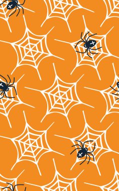 Cadılar Bayramı, örümcekler ve örümcek ağlarıyla kusursuz desen. Sonsuz arkaplan, dekor elementleri, renk kumaşı, tekstil. Vektör illüstrasyonu.