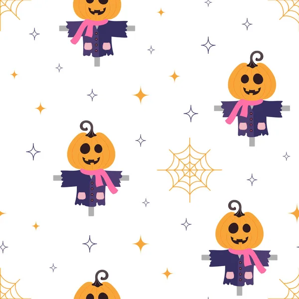 Halloween Hladký Vzor Roztomilé Strašák Hvězdách Pavučině Pozadí Vektorové Ilustrace — Stockový vektor