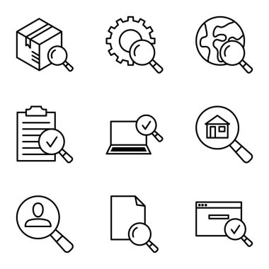 Arama simgeleri ayarlandı. Yakınlaştır, belgeyi bul, camı büyüt, bak aleti. Piktogram beyaz arka planda izole edildi. Vektör illüstrasyonu.