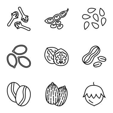 Fındık, tohum ve fasulye elementleri simgesi seti. Piktogram beyaz arka planda izole edildi. Vektör illüstrasyonu.